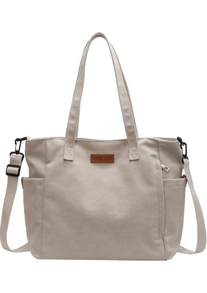 Beyaz Kadın Çantası Alışveriş Basit Moda Fermuarlı Çanta Tuval Katı Crossbody Omuz Çantaları Kadınlar Için Büyük Kapasiteli Tote (Yurt Dışından)