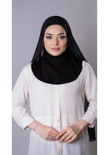 Siyah Pratik Hazır Geçmeli Şal Şifon Kumaş Bone 3009_01
