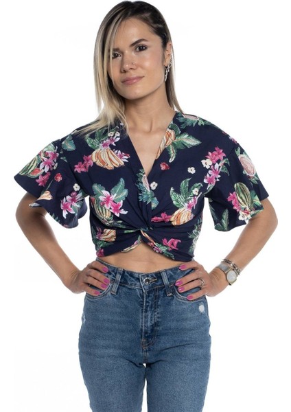 Mgebutik Lacivert Kadın Kol Detaylı Crop Bluz