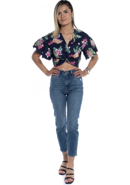Mgebutik Lacivert Kadın Kol Detaylı Crop Bluz fiyatları