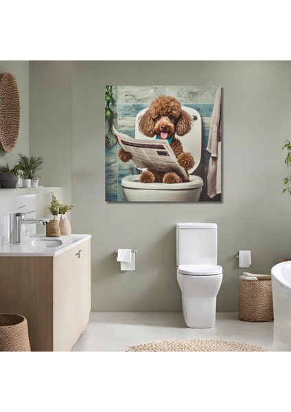 Tekli Kare Kanvas Banyo Tablosu Gazete Okuyan Kaniş Köpek