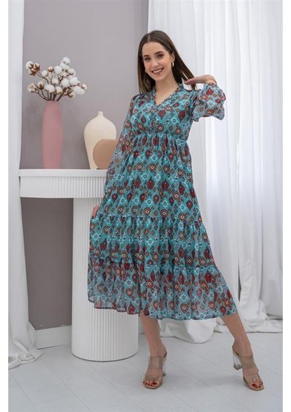 Elbee Fashion Woman Desenli Şifon Elbise - Mint