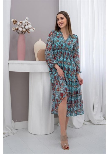 Elbee Fashion Woman Desenli Şifon Elbise - Mint