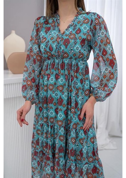 Elbee Fashion Woman Desenli Şifon Elbise - Mint