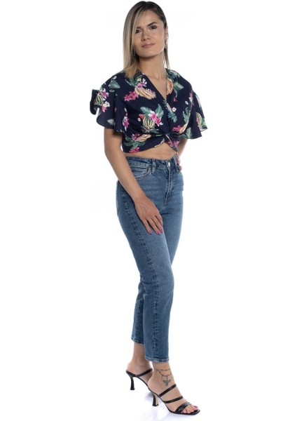Mgebutik Lacivert Kadın Kol Detaylı Crop Bluz modelleri