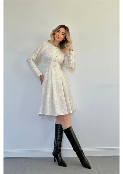 Elbee Fashion Woman Kısa Klasik Elbise - Ekru