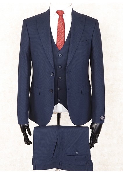 Slim Fit Sivri Yaka-Çift Yırtmaç Açık Lacivert Drop 6 Yelekli Takım Elbise fiyatları