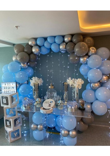 Balon Zincir Seti 60 Adet Pastel ve Krom Renkler ( Mavi,gri,gümüş )