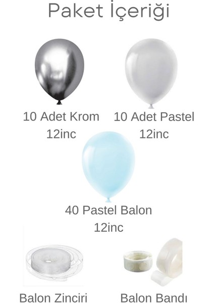 Balon Zincir Seti 60 Adet Pastel ve Krom Renkler ( Mavi,gri,gümüş ) fiyatları