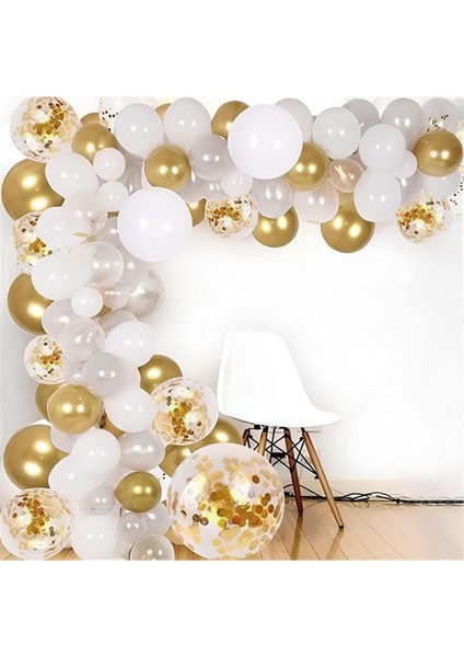 Parlak Krom Altın Balon ve Pastel Beyaz Balon 20 Adet