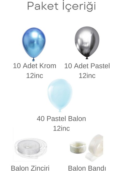 Balon Zincir Seti 60 Adet Pastel ve Krom Renkler ( Mavi,gümüş,pastel Mavi ) fiyatları
