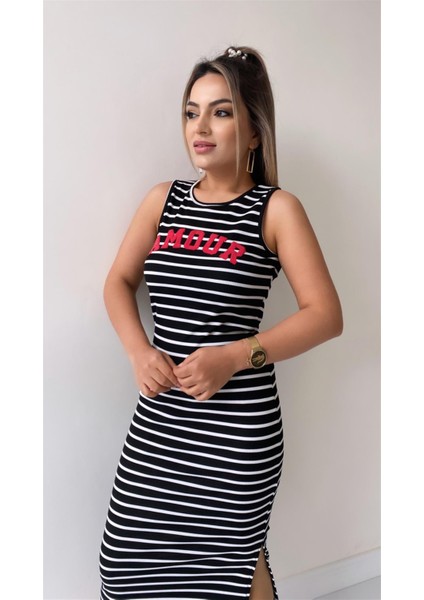 Çizgili Yırtmaçlı Amour Triko Elbise Siyah