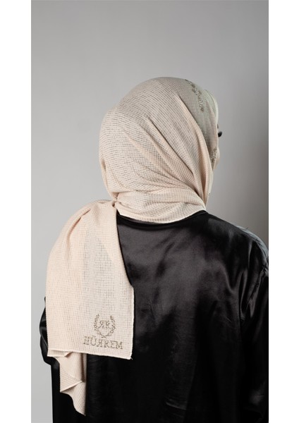 Bej Pratik Hazır Geçmeli Tesettür Şal Örme Kumaş Taşlı Çiçek Desenli 2118C_12