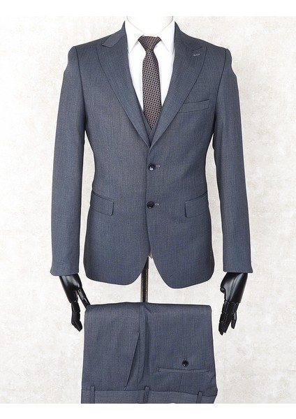 Slim Fit Sivri Yaka-Çift Yırtmaç Gri Drop 6 Takım Elbise (Yeleksiz)