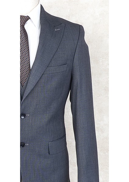 Slim Fit Sivri Yaka-Çift Yırtmaç Gri Drop 6 Takım Elbise (Yeleksiz)