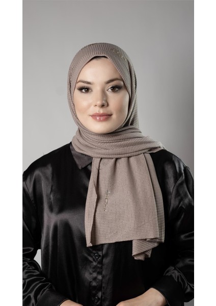 Vizon Pratik Hazır Geçmeli Tesettür Şal Örme Kumaş Taşlı Yıldız Desenli 2118Y_10