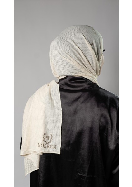 Krem Pratik Hazır Geçmeli Tesettür Şal Örme Kumaş Taşlı Çiçek Desenli 2118C_40