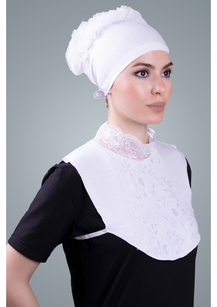 Beyaz Tesettür Boyunluk Viskon Kumaş Göğüs Dantelli 1005_42