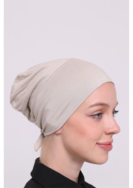 Bej Arkadan Bağlamalı Tesettür Bone Viskon Kumaş Dikişsiz Geçmeli Likralı Iç Bone 3010_12