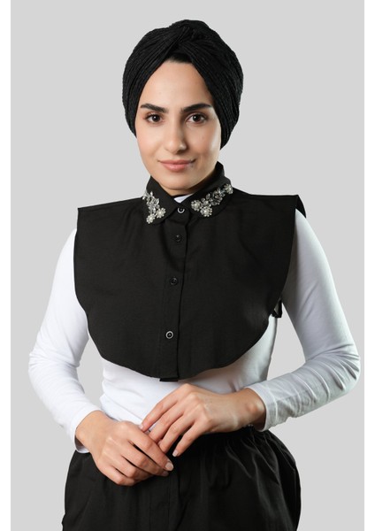 Siyah Gömlek Yakalı Boyunluk Terikoton Taşlı Çiçek Desenli 1016_01