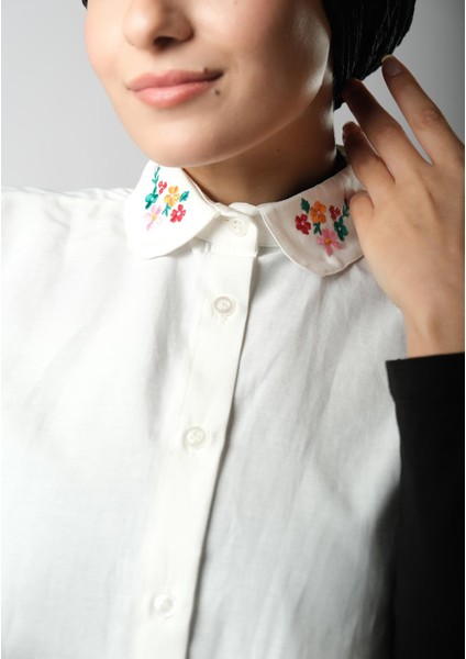 Krem Gömlek Yakalı Boyunluk Terikoton Nakışlı Çiçek Desenli 1023_40 fiyatları