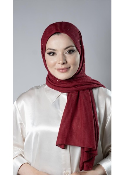 Bordo Pratik Hazır Geçmeli Tesettür Şal Örme Kumaş Taş Desenli 2118T_16