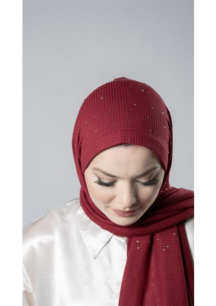 Bordo Pratik Hazır Geçmeli Tesettür Şal Örme Kumaş Taş Desenli 2118T_16