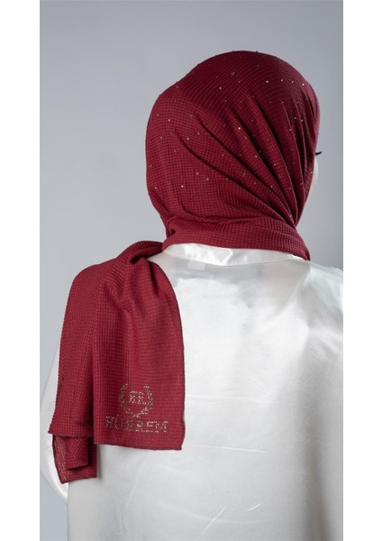 Bordo Pratik Hazır Geçmeli Tesettür Şal Örme Kumaş Taş Desenli 2118T_16