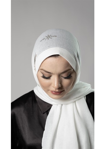 Beyaz Pratik Hazır Geçmeli Tesettür Şal Örme Kumaş Taşlı Yıldız Desenli 2118Y_42 fiyatları