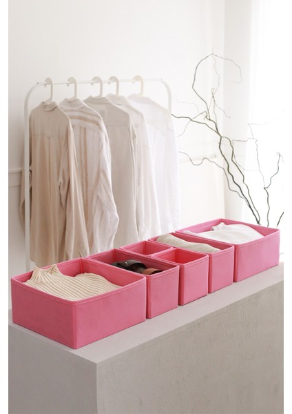 Tekno Trust Kumaş 6'lı Pembe Çocuk Odası Dolap Çamaşır Çekmece Içi Düzenleyici Saklama Kutusu Organizer