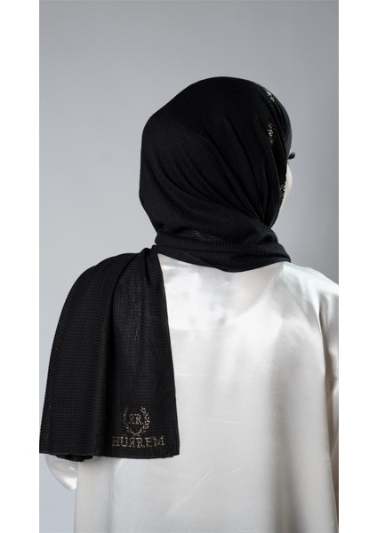 Siyah Pratik Hazır Geçmeli Tesettür Şal Örme Kumaş Taşlı Çiçek Desenli 2118C_01