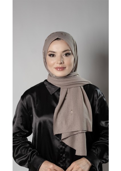 Vizon Pratik Hazır Geçmeli Tesettür Şal Örme Kumaş Taşlı Çiçek Desenli 2118C_10