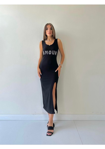 Fitilli Yırtmaçlı Amour Elbise Siyah