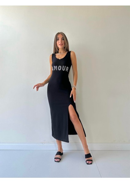 Fitilli Yırtmaçlı Amour Elbise Siyah