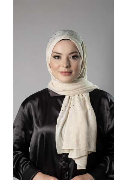 Krem Pratik Hazır Geçmeli Tesettür Şal Örme Kumaş Taş Desenli 2118T_40