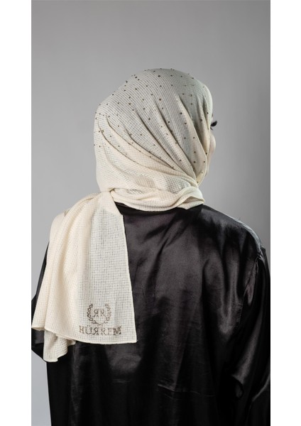 Krem Pratik Hazır Geçmeli Tesettür Şal Örme Kumaş Taş Desenli 2118T_40