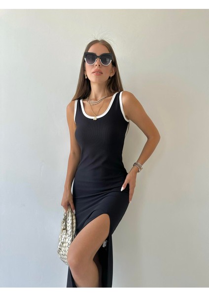 Fitilli Yırtmaçlı Beyaz Biyeli Elbise Siyah