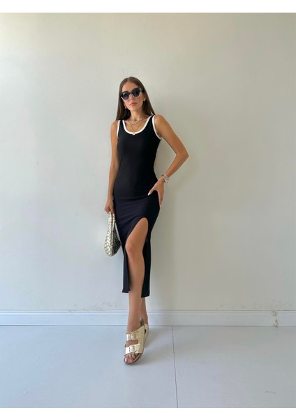 Fitilli Yırtmaçlı Beyaz Biyeli Elbise Siyah fiyatları