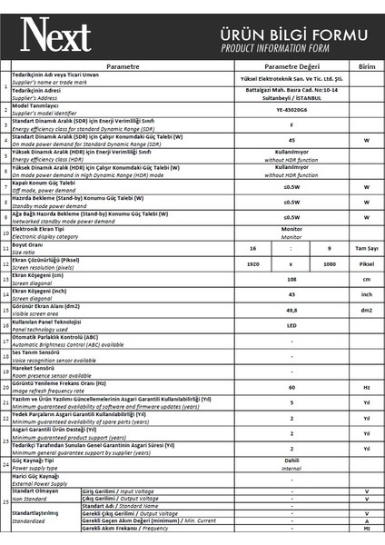 YE-43020G6 43" 109 Ekran Full HD LED TV indirimleri