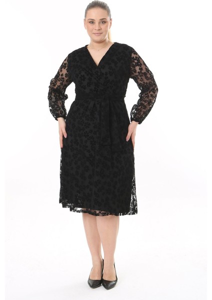 Kruvaze Yaka Büyük Beden Siyah Abiye Elbise 32A-2522 fiyatları