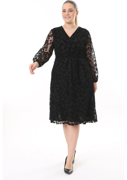 Kruvaze Yaka Büyük Beden Siyah Abiye Elbise 32A-2522 modelleri