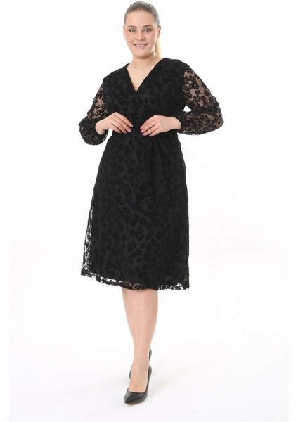 Kruvaze Yaka Büyük Beden Siyah Abiye Elbise 32A-2522 fırsatları