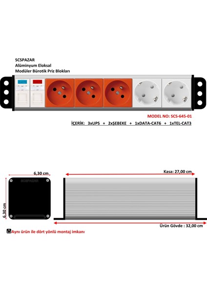 Scs Pazar Bürotik Priz Kutusu Alüminyum Blok - 6X45 ( 12 Modül ) SCS-645-01
