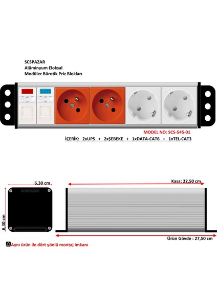 Scs Pazar Bürotik Priz Kutusu Alüminyum Blok - 5X45 ( 10 Modül ) SCS-545-01