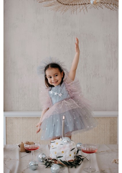 Frida Buz Mavisi Tüllü Parti Elbisesi