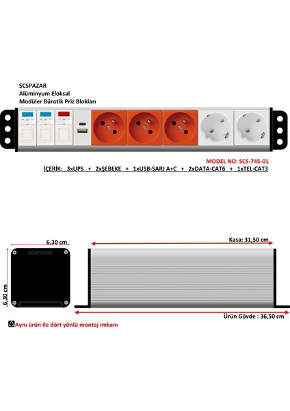Scs Pazar Bürotik Priz Kutusu Alüminyum Blok - 7X45 ( 14 Modül ) SCS-745-01