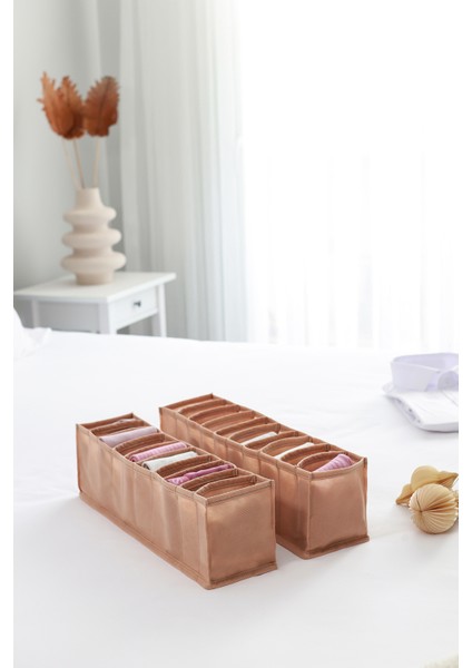 Tekno Trust Kumaş 2'li Set Bej 10 Bölmeli Dolap Çekmece Içi Akordiyon Tipi Katlanır Çamaşır Düzenleyici Organiz