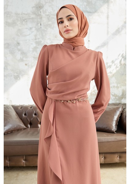 Eteği Volanlı Abiye - Camel