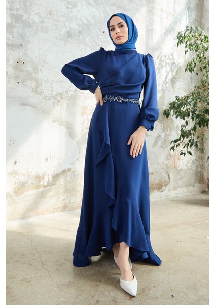 Eteği Volanlı Abiye - Indigo