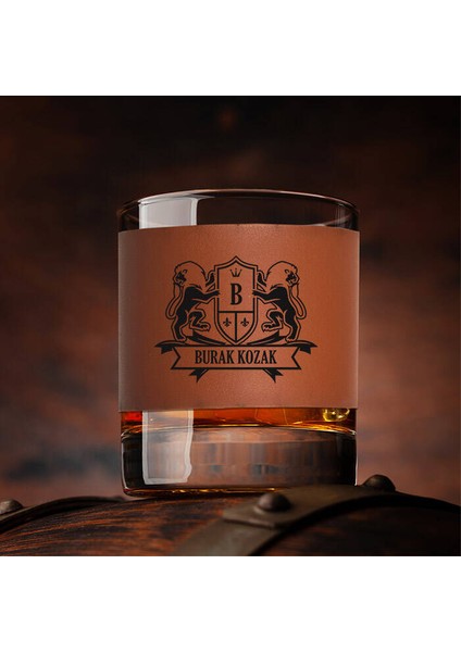 Isme Özel Taba Deri Kaplama Viski Bardağı